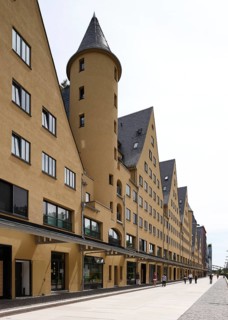 Historic Siebengebirge warehouse, converted into modern residential buildings, landside