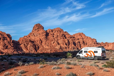 Motorhome on the road in the Valley of Fire State Park, Nevada, USA, North America