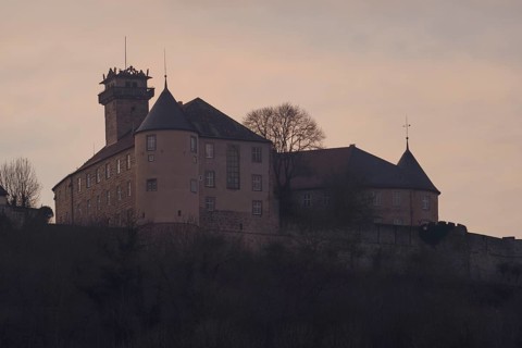 Waldenburg Castle at dusk, Waldenburg, Hohenlohe, climatic health resort, princely seat, Germany,