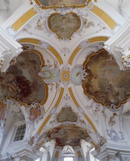 Vault of the small crossing. The Vierzehnheiligen Basilica near Bad Staffelstein in the district of
