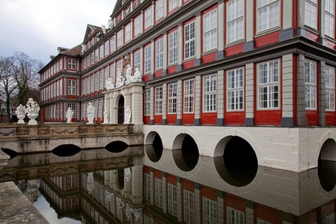 Wolfenbüttel Castle Portal façade partial view with moat and castle bridge present appearance