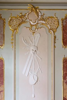 Rococo hall, stucco detail, allegory of the arts