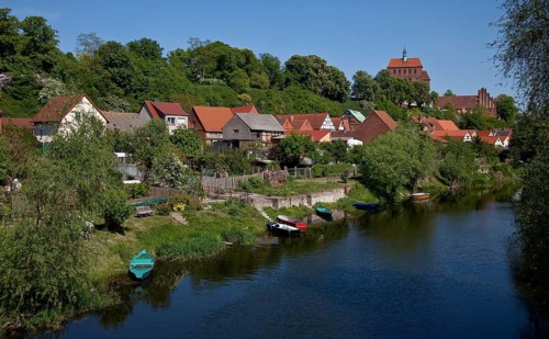 Distant view from the west with moat and houses on Bischofsberg, St., Sankt, Saint