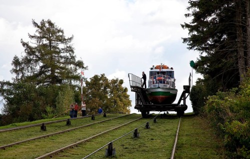 Rollberg (inclined planes), on which the ships are transported over land on rail wagons using a