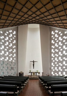 Built in 1963 by Walter and Rainer Blaich, view to the altar, wooden ceiling in the shape of a