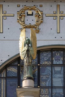 Entrance area from the south, portal with angel on column, St., Sankt, Saint