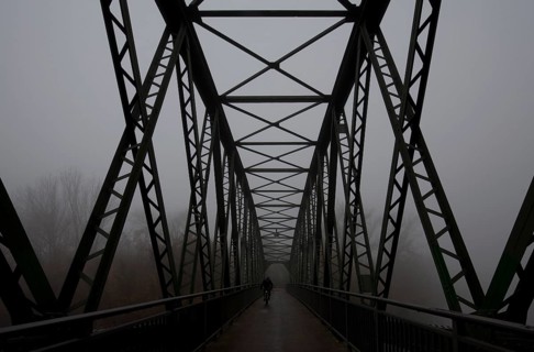 With cyclist in the fog. Karl Meseberg, chief sailor and communist, drove the November Revolution
