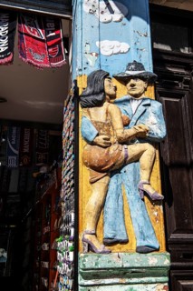 Tango carving on house post, La Boca, Buenos Aires, Argentina, South America