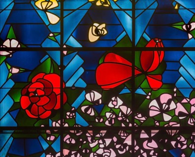 Built in 1954-1955 by Gottfried Böhm, window wall behind the altar, detail with roses