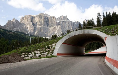 Italy S-Tyrol Ski piste bridge in the Dolomites