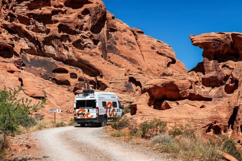 Motorhome at Atlatl Rock Campground, Valley of Fire State Park, Nevada, USA, North America