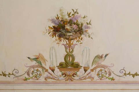 Hall on the upper floor with paintings by Benjamin and Jakob Orth, detail ceiling painting, St.,
