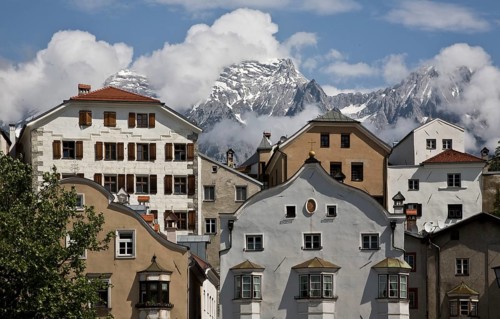 Österr Hall in Tyrol Gable on the lower town square behind the Karwendel mountains