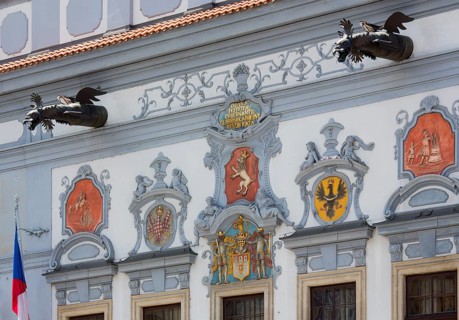 Nam. Premysla Otakara II, town hall, built 1727-1730 by Martinelli, coat of arms and gargoyle