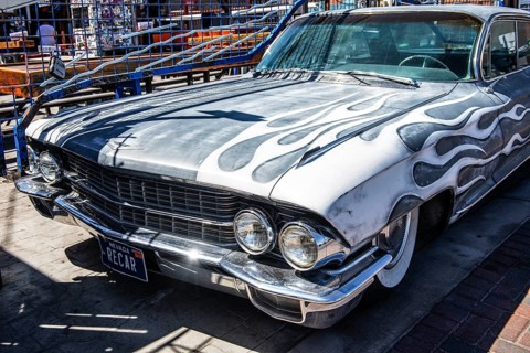 Old Chevrolet at the entrance to the Rebar, theatre, bar, restaurant, Arts District, Las Vegas,