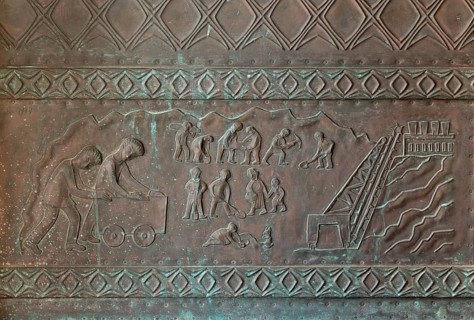Bronze portal with miners' scenes from Köttingen (Jakob Riffeler), St., Sankt, Saint