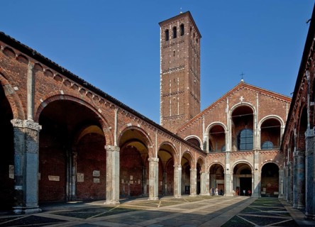 Italy Milan Milan Church of San Ambrogio 12th century Atrium inside m Campanile dei Canonici right