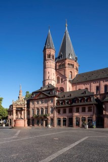 Mainz, St Martin's Cathedral, north side with baroque houses and market fountain