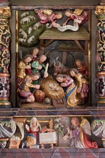 High altar, predella with angel of the Annunciation, above Nativity, St., Sankt, Saint