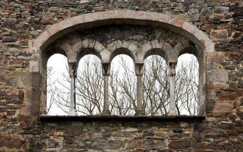 Czech Rep Cheb Castle Palace ruins five-part Romanesque window