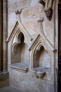 South wall of the choir, credenza and piscine, St., Sankt, Saint