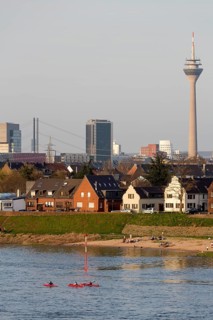 Düsseldorf, view of the city centre and the Hamm district from the Südbrücke bridge