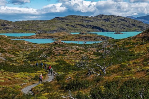 Trekker in front of Lagunas Melizas, Torres del Paine National Park, Patagonia, Chile, South