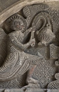 West portal, tympanum, left angel, St., Saint, Saint