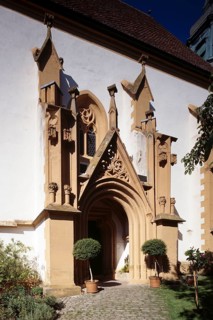 Volkach, pilgrimage church Maria im Weingarten, built in the 15th century. South portal, St.,