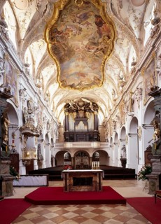 View from the choir, through the nave to the baroque organ, modified by Egid Quirin Asam, St.,
