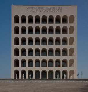Begun in 1937, so-called rectangular Colosseum, Colosseo quadrato, height 68m, from north-west, On