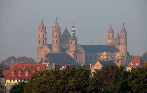 Worms, St Peter's Cathedral, view from north-east over the Rhine, in front of it the tower of the