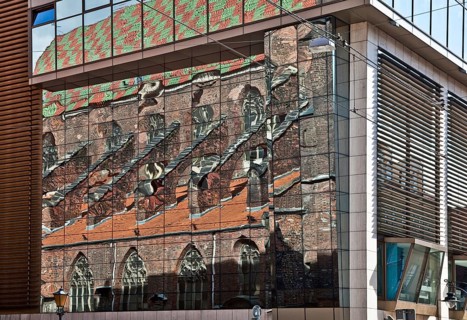 Reflection of the south side of the nave in a modern neighbouring building, St., Sankt, Saint
