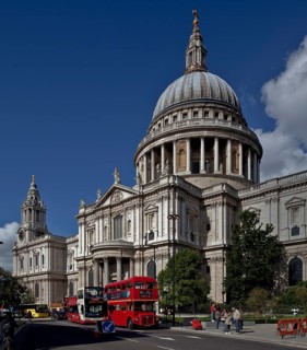 St Paul's Cathedral, built 1675-1711 by Christopher Wren, partial view from south-east with dome