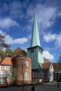 Exterior view from the west with organist's house and round tower from 1836, St., Sankt, Saint