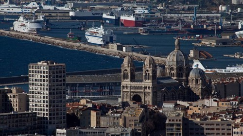 Marseille, view from the Basilique Notre-Dame-de-la-Garde to the Cathedrale de la M