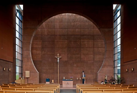 Disc-shaped portal façade, interior with omega motif, 1997-98 by Peter Böhm and Christopher