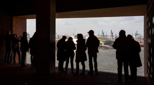 Hamburg, Elbphilharmonie, foyer called Plaza, view of the harbour from the west window of the