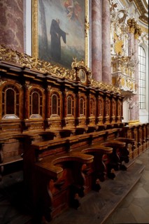 Northern choir stalls. Baroque monastery church from 1766, St., Sankt, Saint