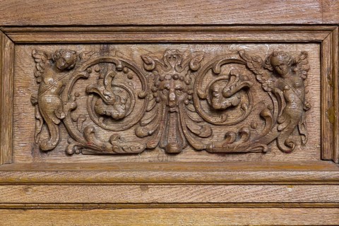 Jakobikirche, pews in the nave, carvings from the 17th century, fantasy creatures, St., Sankt,