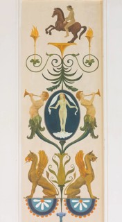 Staircase, mural of mythical creatures, griffins