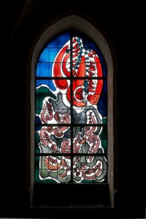West building, stained glass window by Wilhelm Buschulte, Archangel Michael with the dragon, St.,