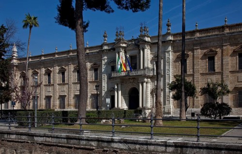 Seville, University. West façade section with portal. Built between 1728 and 1771 as a tobacco