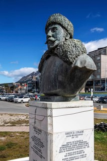 Adrien de Gerlach bronze bust at the harbour of Ushuaia, Argentina, South America