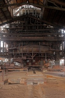 Former Thyssen AG steelworks, tapping hall at blast furnace 5 with tapping hole, drilling machine