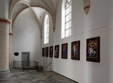 North aisle, view to the west with the Stations of the Cross and exit to the crypt, St, Saint,