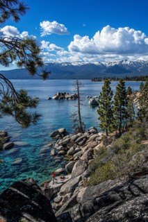 Hiker at Sapphire Cove, Lake Tahoe, Nevada, USA, North America