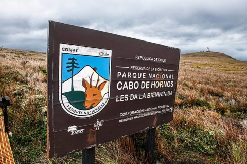 Cabo de Hornos National Park sign, Cape Horn, southernmost point of South America, Hornos Island,