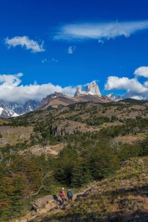 Trekkers at Cascada Martin with a view of the Fitzroy Massif, El Chaltén, Los Glaciares National