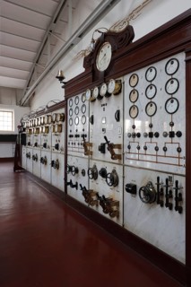 Turbine hall, control centre (control room) for controlling the generators, marble control panel